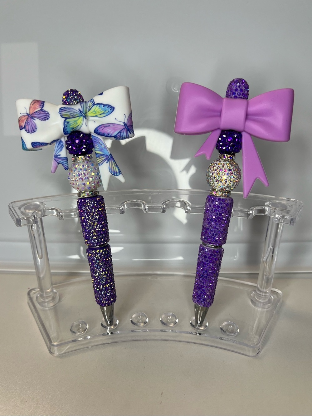Set of Two Handmade Purple Bow Rhinestone Pens - Butterfly Accent